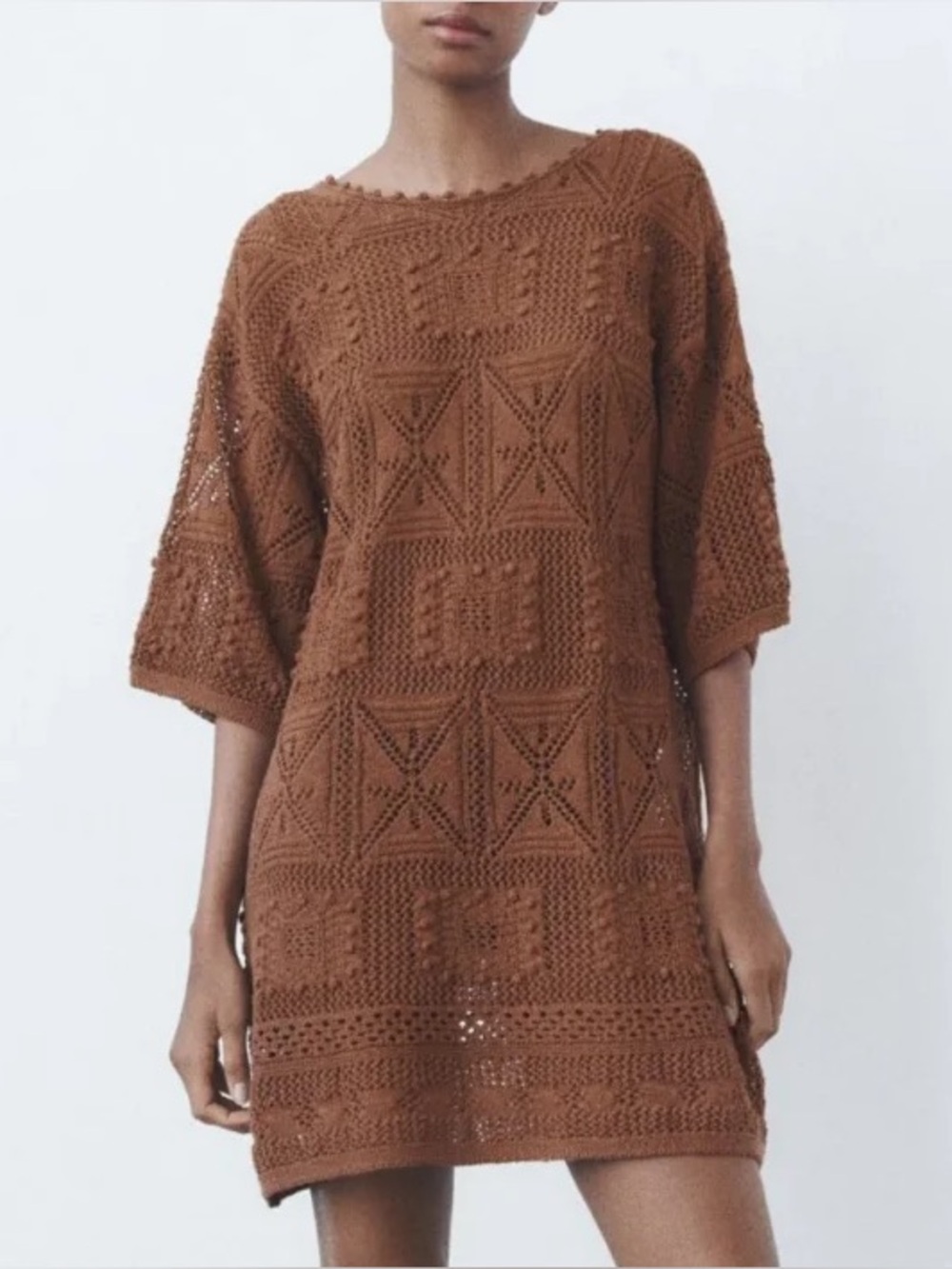 Zara Boho Brown Crochet Knit Dress